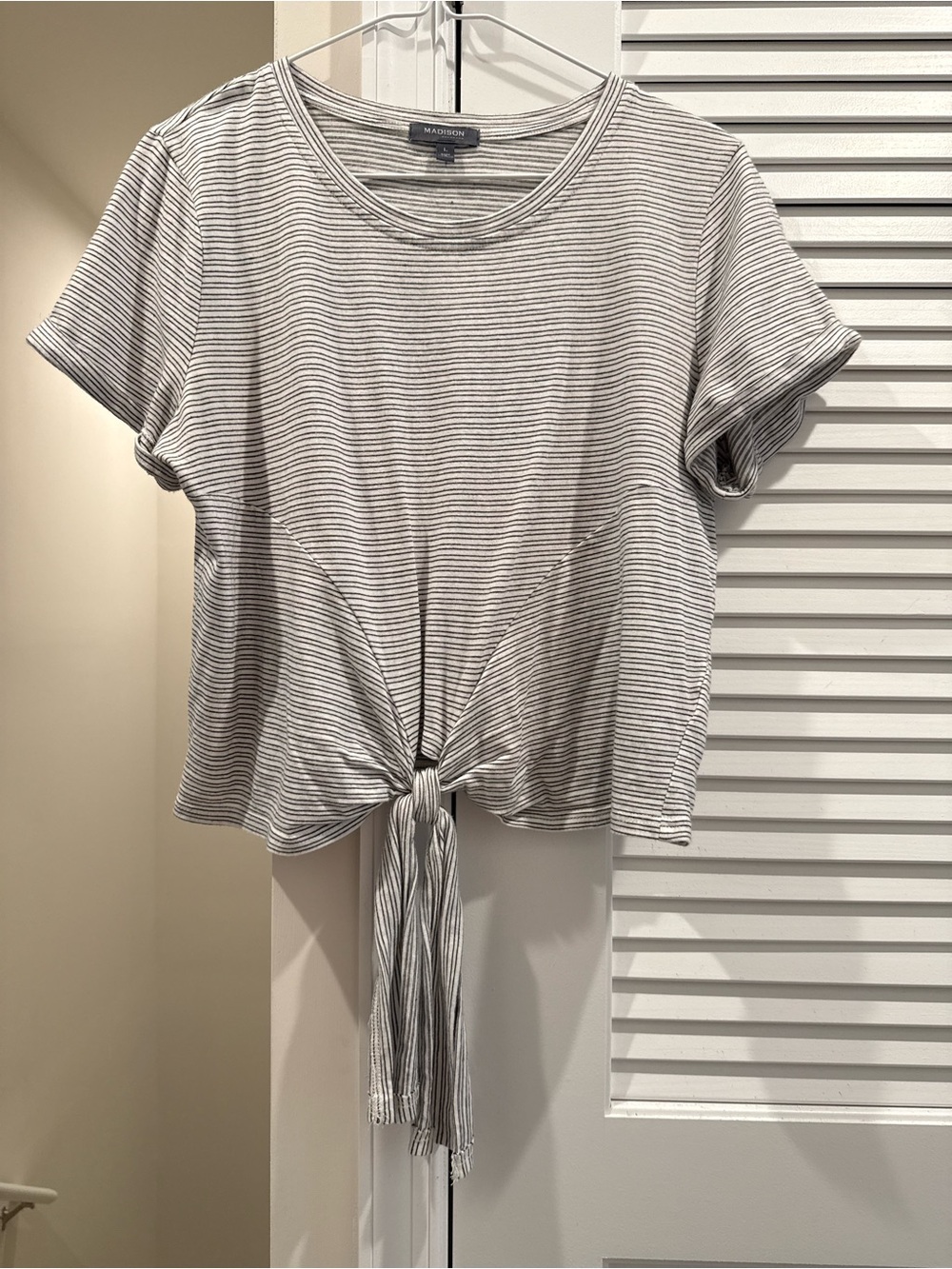 Madison Gray & White Striped Tie-Front Crop Top